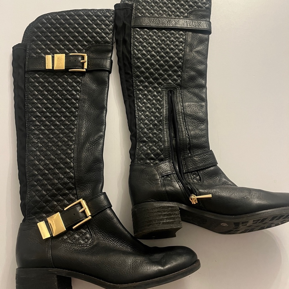Vince Camuto Black Quilted Over the Knee Boots with Gold Accents
